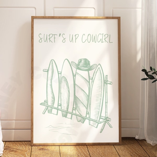 Surfboards & Cowboy Hat Sketch Digital Print In Sage Green, Trendy Coastal Cowgirl Printable Poster, Surfer Girl Wall Art, College Apartment