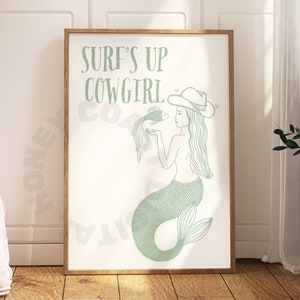 Surfs Up Cowgirl Mermaid Cowgirl Retro Typography Digital Prints In Sage Green, Trendy Coastal Cowgirl Printable Poster, Western Wall Decor