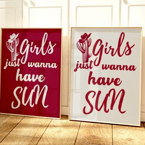 Digitale prints kustkleindochter, trendy cowboyrode print set van 2, westerse typografie afdrukbare poster, Girls Just Wanna Have Sun