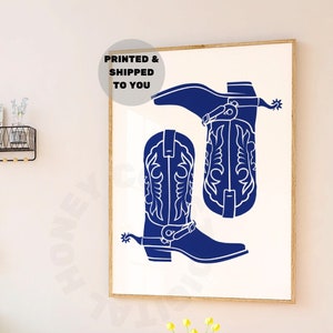 Wydruk na butach kowbojskich, modny plakat z kowbojką w kolorze granatowym, wydrukowany, sztuka ścienna w stylu western, nadruki na wózkach barowych w stylu retro, mieszkanie w college'u