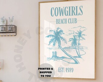 Coastal Cowgirl Poster, Trendy Retro Blue Cowgirls Beach Club Print, 1989 Wall Hanging, Beachy Wall Art, Preppy Coastal Decor, College