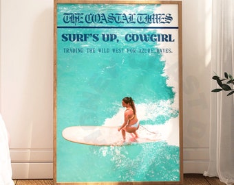 Surfs Up Cowgirl Retro Newspaper Digital Print, Trendy Coastal Cowgirl Printable Poster,  Western Girl Typography Wall Art, College