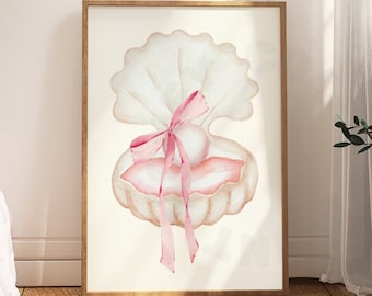 Watercolor Seashell Pearl With Soft Girl Coquette Pink Bow Digital Print, Coastal Cowgirl Printable Wall Art, Vintage Coastal Grandma Decor