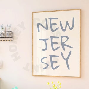 Typografia stanu New Jersey Cyfrowy wydruk w nadmorskim błękicie, modny plakat do druku Coastal Cowgirl, sztuka ścienna Western, dekoracja ścienna Beach House