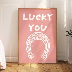 Lucky You Horseshoe Western Typography Digital Print In Pastel Pink, Trendy Coastal Cowgirl Printable Wall Art, Manifestation Wall Decor