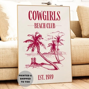 Cowgirl Beach Club Est 1989 Typografia Druk W Cowboy Red, Modny Nadmorski Plakat Cowgirl Wydrukowany Wysłany, Dekoracja Ścienna Domu Na Plaży, College