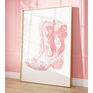 Pastel Pink Floral Cowboy Boots With White Bow Digital Print, Coastal Cowgirl Prints, West Large Printable Poster, Coastal Grandmother Art