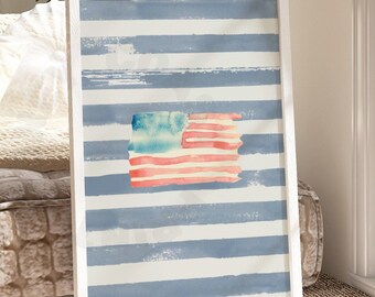 Watercolor American Flag Digital Print In Coastal Blue Stripe, Trendy Vintage Coastal Grandmother Printable Poster, Coastal Cowgirl Art