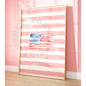 American Flag Digital Print In Vintage Pastel Pink Stripe, Trendy Retro Coastal Granddaughter Printable Poster, Coastal Cowgirl Wall Decor