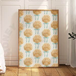 Watercolor Seashells & Bows Digital Print In Neutral, Trendy Vintage Coastal Grandmother Printable Poster, Coastal Cowgirl Wall Art, College