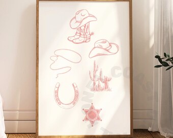 Coastal Grandmother Vintage Cowboy Stuff Digital Print, Coastal Cowgirl Aesthetic West Retro Wall Art, Coastal Pink Granddaughter Decor