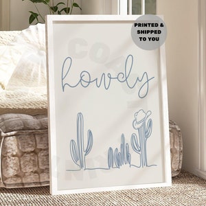 Howdy Typography Minimalist Cactus With Cowboy Hat Print In Coastal Blue, Western Cowgirl Poster Shipped Printed, Coastal Cowgirl Decor