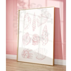 Impression numérique aquarelle coquillages en rose pastel, affiche imprimable tendance vintage grand-mère côtière, art mural cow-girl côtière, collège