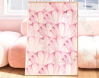 Watercolor Seashells Digital Print In Pastel Pink, Trendy Vintage Coastal Grandmother Printable Poster, Coastal Cowgirl Wall Art, College