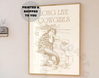 Trendy Mermaid Cowgirl Poster, Trendy Neutral Coastal Cowgirl Print, Beachy Wall Art, Vintage Bar Cart, West Cowboy Wall Decor, College