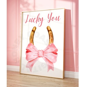 Coastal Grandmother Pink Vintage Hair Bows Digital Print, Coastal Cowgirl Aesthetic Watercolor Retro Horseshoe Wall Art, Lucky You Decor