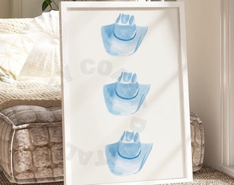 Cowboy Hat Digital Print, Trendy Blue Coastal Cowgirl Decor, Preppy Bar Cart Wall Art, Western Hat Printable Posters, College Apartment