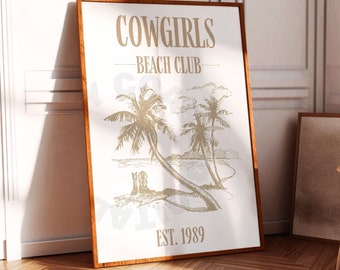 Coastal Cowgirl Digital Prints, Trendy Retro Beige Cowgirls Beach Club Print, 1989 Printable Posters, Beachy Wall Art, Preppy Coastal Decor