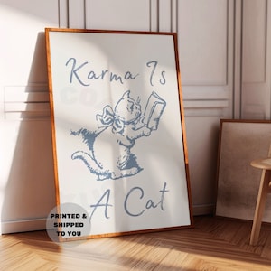 Karma Is A Cat Print In Coastal Blue, Coquette Bow Poster Printed, Trendy Balletcore Bedroom Prints,  Vintage Kitten Wall Art, Soft Decor