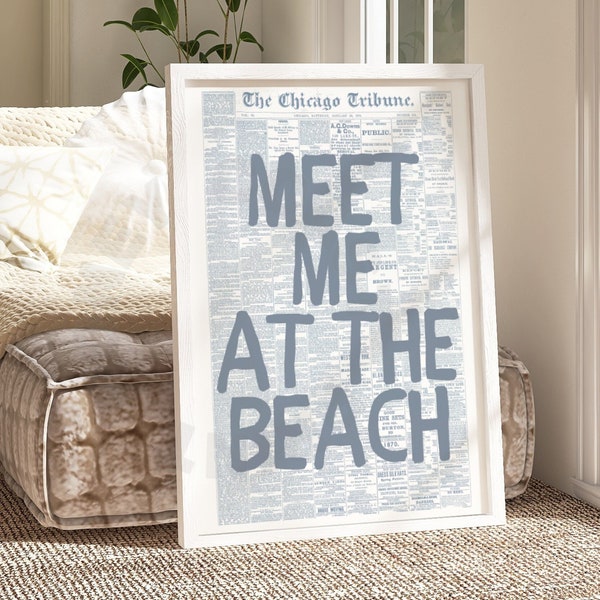 Meet Me At the Beach Retro Newspaper Digital Print In Coastal Blue, Trendy Coastal Cowgirl Printable Poster, Typography Poster Printable