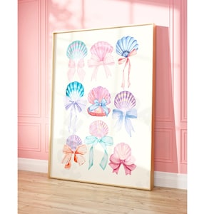 Watercolor Pastel Seashells And Coquette Bows Digital Print, Trendy Vintage Coastal Grandmother Printable Poster, Coastal Cowgirl Wall Art