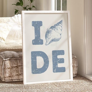 Kocham Delaware Seashell Typography Digital Print w nadmorskim błękicie, modny plakat do druku Coastal Cowgirl, dekoracja ścienna Beach House, College