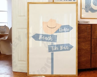 Coastal Cowgirl Digital Prints, Trendy Beachy Wall Art, Cowboy Hat Print In Pastel Blue, West Printable Poster, Western Wall Art, College