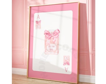 Coquette Pink Bow Dream Girl Playing Card Digital Print, Trendy Balletcore Bedroom Poster Printable,  Vintage Perfume Bottle Wall Art