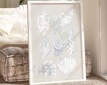 Watercolor Seashells Digital Print In Coastal Blue, Trendy Vintage Coastal Grandmother Printable Poster, Coastal Cowgirl Wall Art, College