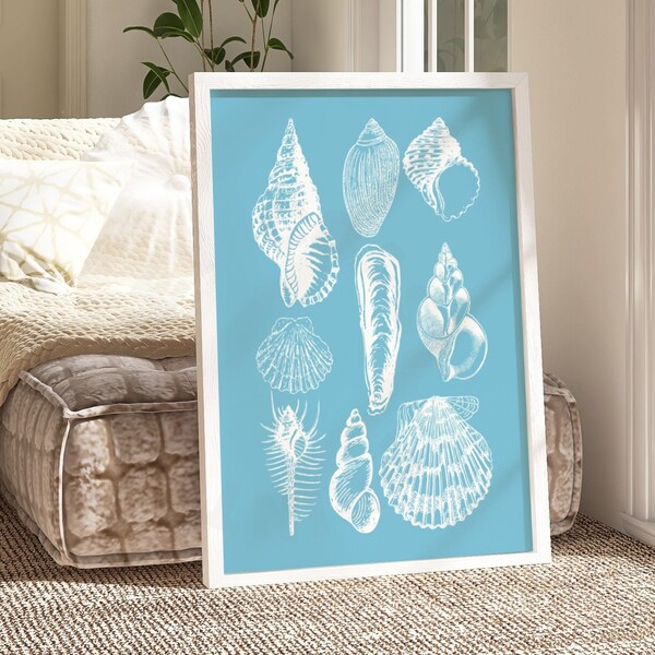 Seashells Digital Print In Surf  Blue, Trendy Coastal Cowgirl Wall Art, Beachy Printable Poster, Western Wall Art, College Apartment