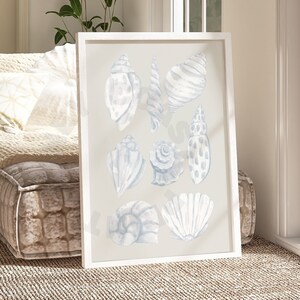 Watercolor Seashells Digital Print In Coastal Blue, Trendy Vintage Coastal Grandmother Printable Poster, Coastal Cowgirl Wall Art, College
