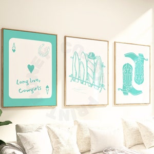 Coastal Granddaughter Digital Prints, Modny turkusowo-zielony zestaw wydruków 3, Zachód Duży plakat do druku, Niech żyje sztuka podkowy kowbojki