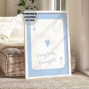 Long Live Cowgirls Playing Card Print, Trendy Coastal Cowgirl Wall Art, Horseshoe Printed Posters, Soft Blue Wall Decor, College Apartment