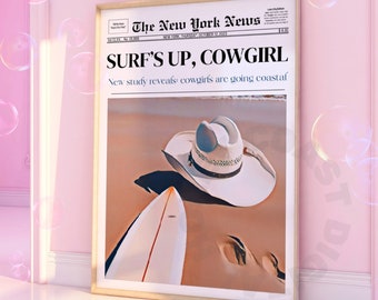 Coastal Cowgirl Wall Art, Trendy Newspaper Print, Surfs Up Cowgirl News Digital Prints, New York News, Western Wall Art, Vintage Bar Cart