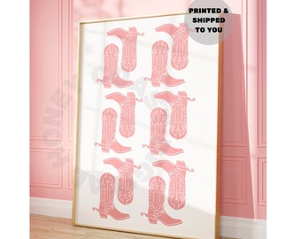 Cowboy Boot Print, Trendy Pastel Pink Coastal Cowgirl Decor, Preppy Bar Cart Wall Art, Western Girly Posters, College Apartment, Cowboy Hat