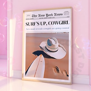 Arte mural de vaquera costera, impresión de periódico de moda, impresiones digitales de noticias de vaqueras surfeando, noticias de Nueva York, arte del Muro de las Lamentaciones, carrito de bar vintage