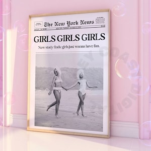 Dziewczyny Dziewczyny Dziewczyny Czarno-białe Retro Gazeta Cyfrowy Wydruk, Modny Nadmorski Cowgirl Typografia Wydrukowany Plakat, Plażowy Dekoracja Ścienna
