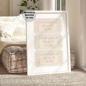 Coastal Cowgirl Print, Trendy Retro Beach Club Tickets Printed Poster In Neutral Beige, Vintage Bar Cart Wall Art, College Apartment