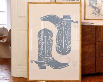 Coastal Cowgirl Digital Prints, Trendy Cowboy Boots Print In Pastel Blue, West Large Printable Poster, Western Wall Art, Cute Boots Wall Art