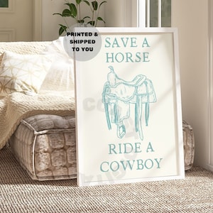 Sparen Sie eine Pferdefahrt einen Cowboy-Druck in Seafoam, trendiges Küsten-Cowgirl-Poster gedruckt versendet, südliche Vintage-Reitsattel-Wandkunst