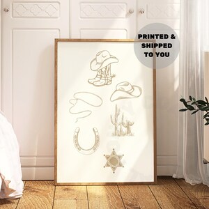 Westerncowboy schetst poster in neutraal beige, cowboylaarzen print, cowboyhoed kunst aan de muur, cactus poster, hoefijzer muur decor, college