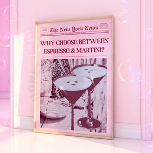 Modny cyfrowy wydruk gazety, dlaczego wybrać między espresso a martini, wiadomości z Nowego Jorku, retro różowo-czerwony nadruk na wózku barowym, błyszczące nadruki na kulach dyskotekowych