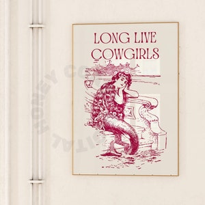 Long Live Cowgirl Mermaid Cowgirl Digital Print In Cherry Red, Coastal Cowgirl Downloadable Wall Art, Beachy Printable Poster, College