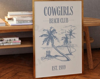 Coastal Cowgirl Digital Prints, Trendy Retro Blue Cowgirls Beach Club Print, 1989 Printable Posters, Beachy Wall Art, Preppy Coastal Decor