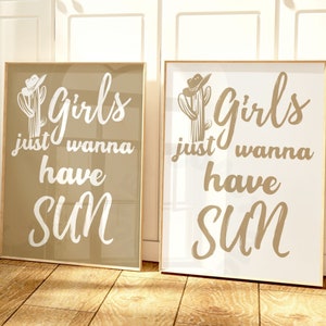 Girls Just Wanna Have Sun digitale prints, trendy neutrale kustkleindochter print set van 2, westerse typografie afdrukbare posters, universiteit