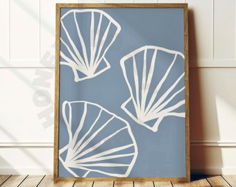 Hand Drawn Seashells Sketch Digital Print In Coastal Blue, Trendy Vintage Coastal Grandmother Printable Poster, Coastal Cowgirl Wall Art