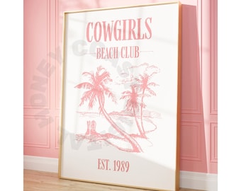 Coastal Cowgirl Digital Prints, Trendy Retro Pink Cowgirls Beach Club Print, 1989 Printable Posters, Beachy Wall Art, Preppy Coastal Decor