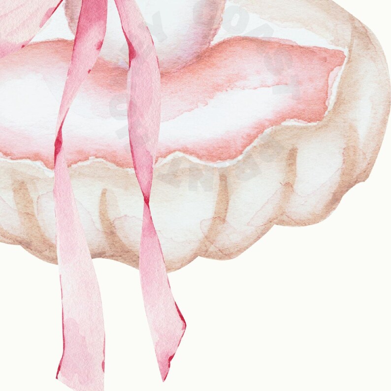 May include: Watercolor illustration of a light pink pumpkin with a pink ribbon. The pumpkin has a light brown rim and a light pink center. The ribbon is a darker shade of pink and is tied in a bow.