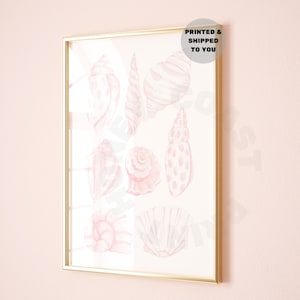 Impresión de conchas marinas en acuarela en rosa pastel, póster vintage de abuela costera, arte mural de vaquera costera, estilo universitario.
