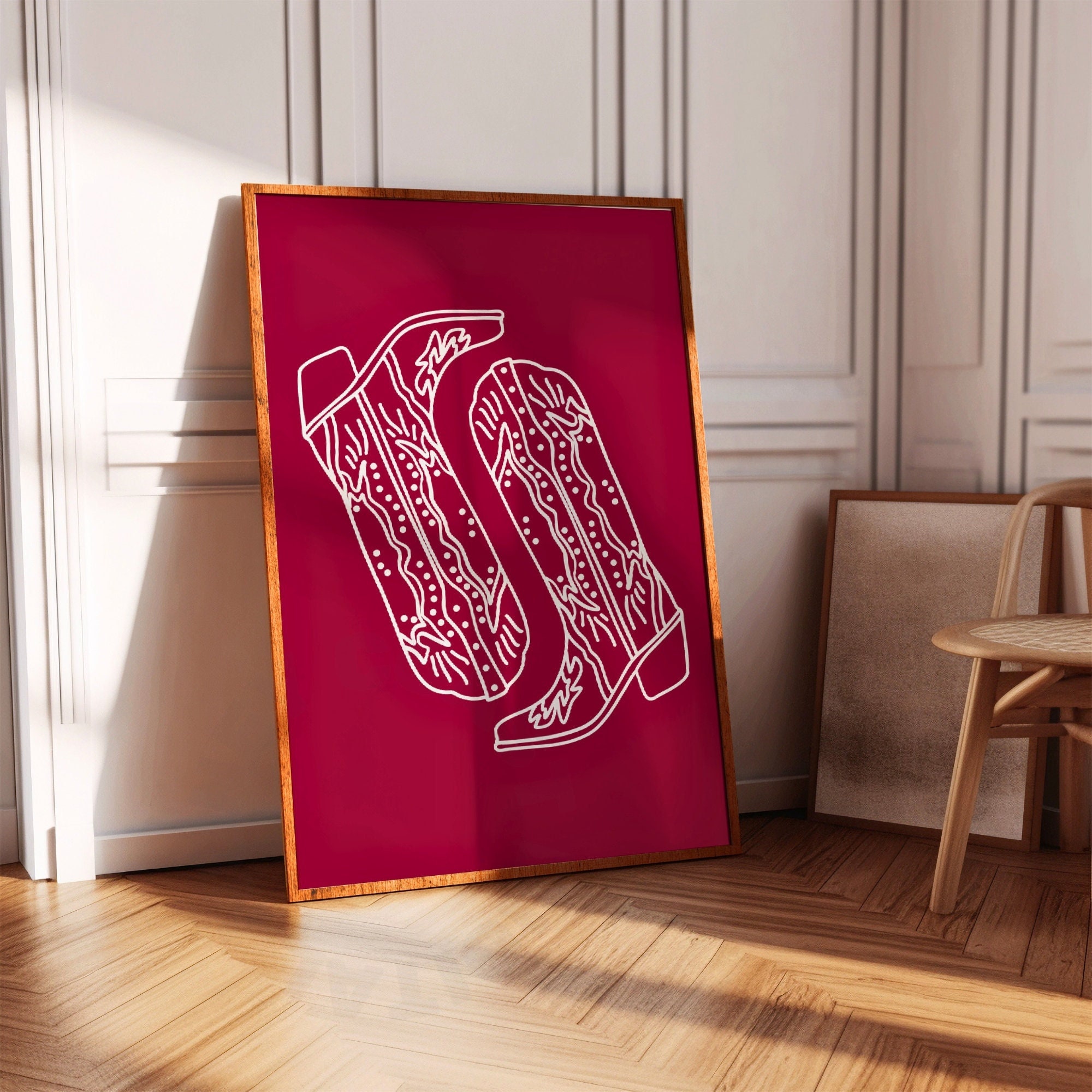Cherry Red Cowboy Boots Digital Prints, Trendy Western Printable Poster, Coastal Cowgirl Aesthetic Wall Art, Line Art Decor, College